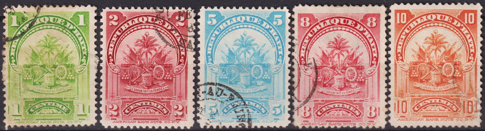 Haiti 1898–1899 Coat of Arms Issue, 1c–10c, Scott #53–62 Used: An attractive selection of early Republic of Haiti Coat of Arms definitives printed by the American Bank Note Company between 1898 and 1899, comprising denominations from 1 centime to 10 centimes. Exe
