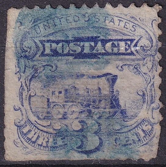 1869 USA 3c Locomotive ultramarine, clipped margin, Scott 114: Issued on March 27, 1869, this 3 cent stamp from the United States Pictorial Issue features the iconic Baldwin 4-4-0 steam locomotive, symbolizing the power and promise of industrial expansion in post