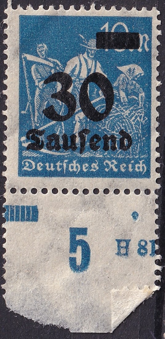 1923 Germany inflation surcharge Scott 280 mint bottom margin: This striking inflation period issue from Germany belongs to the dramatic monetary crisis of 1923 when soaring prices forced the postal administration to apply bold provisional surcharges to existing 