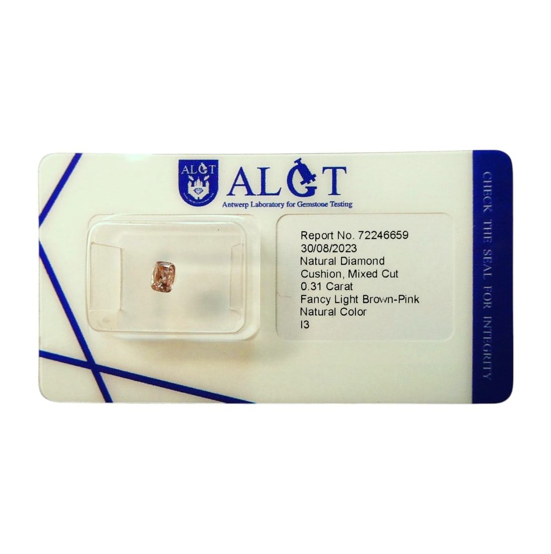 0.31 ct Fancy Light Brown-Pink Diamond, Cushion Cut, ALGT: This certified natural diamond is graded by ALGT (Antwerp Laboratory for Gemstone Testing) under report no. 72246659, issued on August 30, 2023. The stone weighs 0.31 carats and is cut in a cushion sh