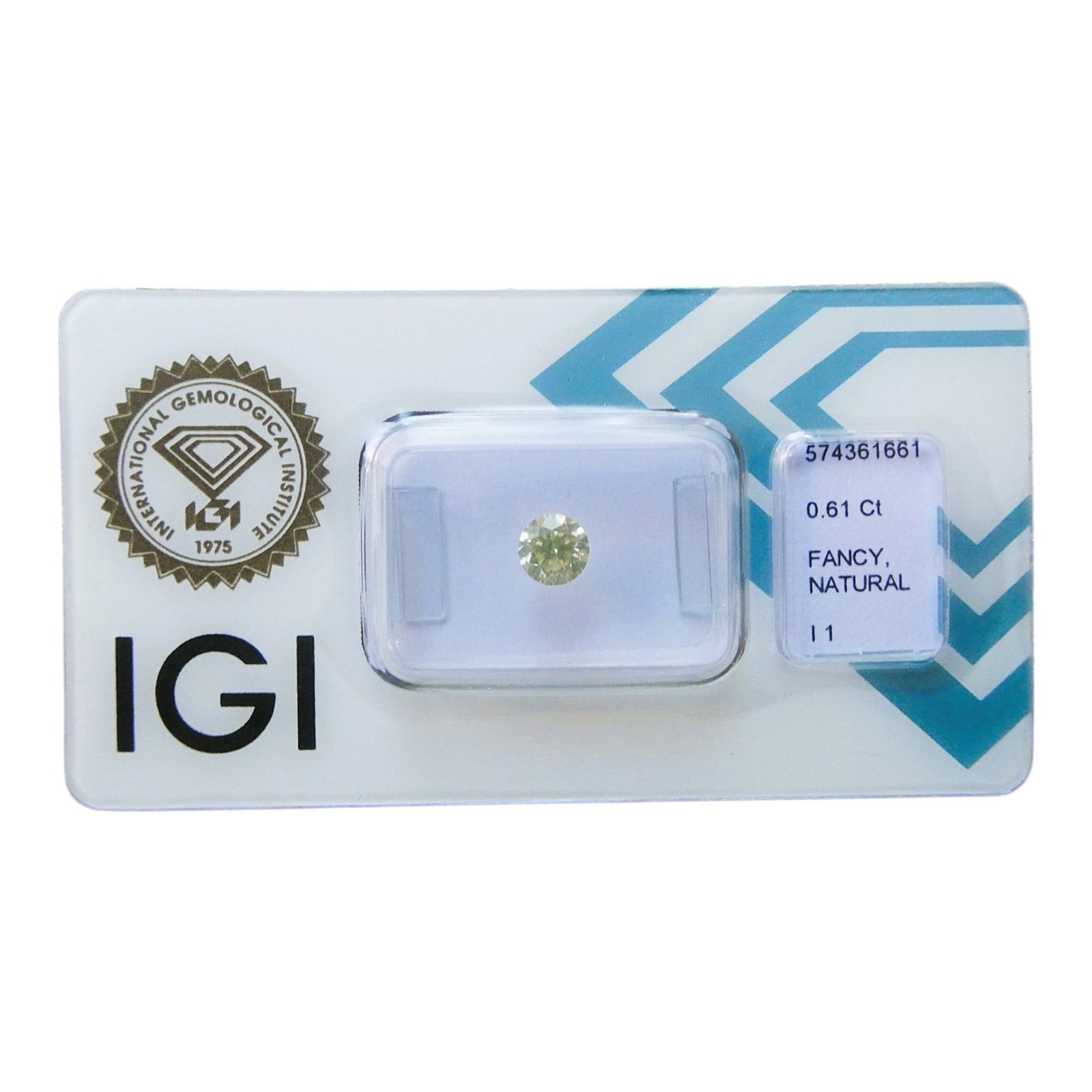 IGI-Certified 0.61 ct Fancy Light Greenish Yellow Diamond: A certified natural fancy colored diamond, weighing 0.61 carats and issued by the International Gemological Institute (IGI) under report number 574361661, dated April 21, 2023. This round brilliant-cu