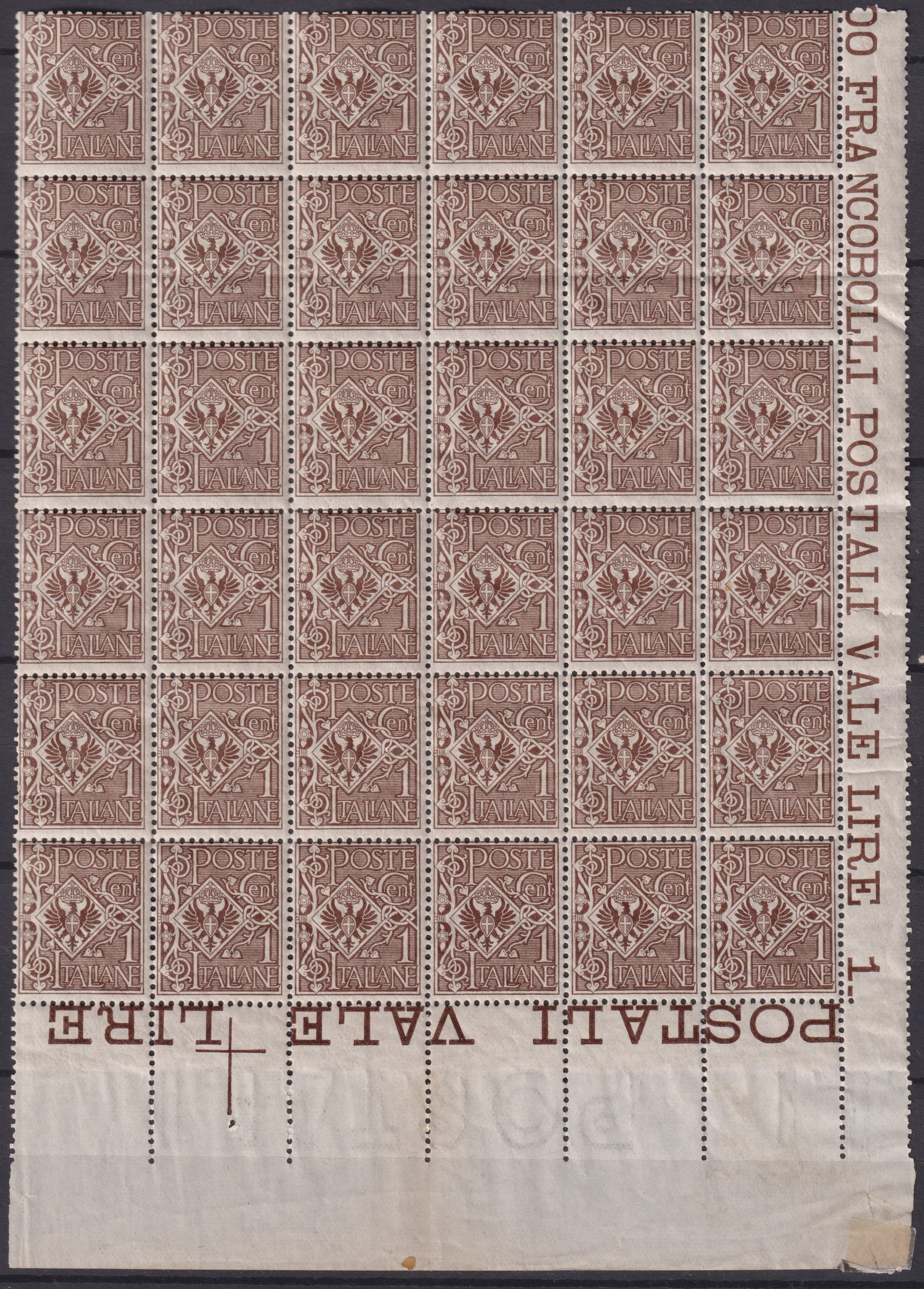 1901 Italy Savoy Eagle 1 Centesimo Full Sheet Michel IT74: This complete mint never hinged full sheet of the 1901 Italy Savoy Eagle 1 centesimo definitive identified as Michel IT74 Scott IT76 Yvert IT64 and Sassone IT68 represents one of the most visually int