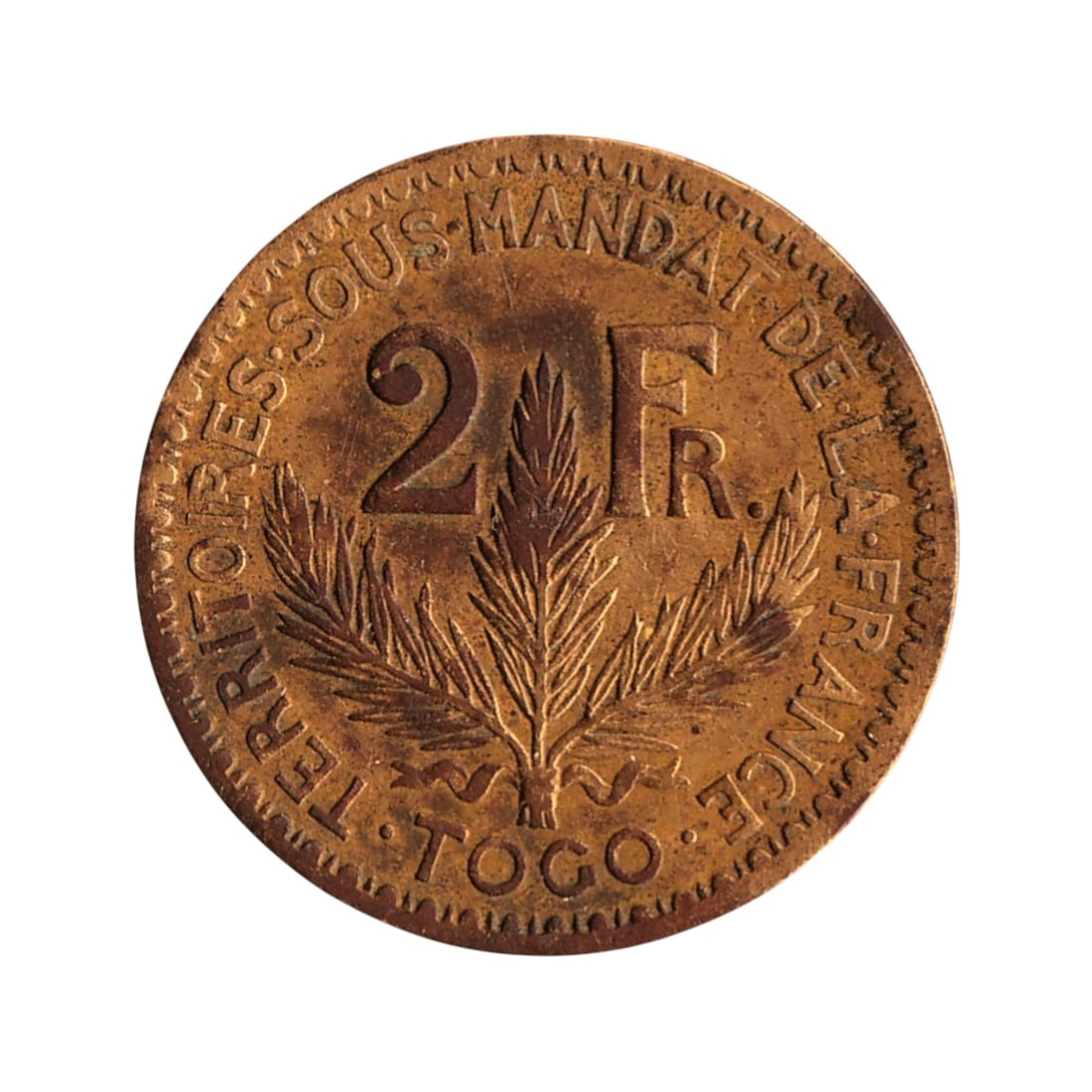 1924 Togo French Mandate 2 Francs KM3 Bronze Coin: A historically significant 2 Francs coin issued in 1924 for Togo under French Mandate administration, catalogued as KM3, struck at the Monnaie de Paris mint. Composed of aluminium-bronze with a weight