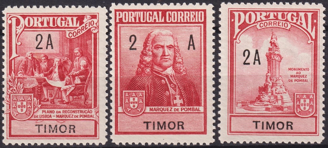 Portuguese Timor 1925 2A Pombal Monument Postal Tax Set, Scott TL RA1–RA3 MNH: The 1925 Portuguese Timor postal tax set issued for the inauguration of the Marquês de Pombal Monument in Lisbon is one of the most sought-after colonial commemoratives of the early 20th century. The