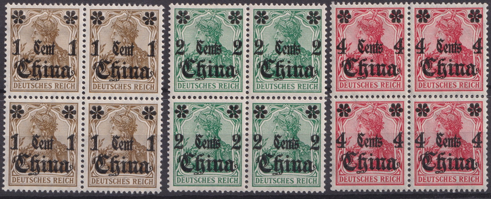 1905 German Post in China, Germania 1-4 cents overprint, blocks, Scott Ger 35-37: This is a matched set of mint never hinged blocks of four from the German Imperial Post Offices in China, featuring overprinted Germania issues denominated in Chinese cents. Issued in 1905, these stam