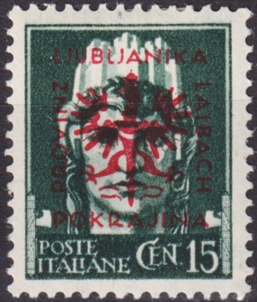 1944 Slovenia German Occupation Laibach 15c green Scott N38: Issued on January 5, 1944, during the German occupation of Ljubljana (Laibach), this 15 centesimi definitive stamp bears the striking red provincial overprint “Ljubljana Pokrajina Provinz Laibach&rd