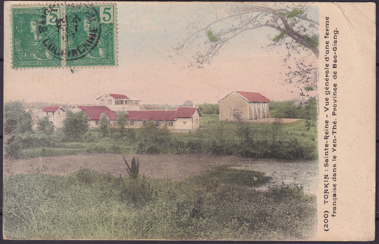 1907 French Indochina postcard farm view Tonkin double franking Scott IC 48 (1 of 3)