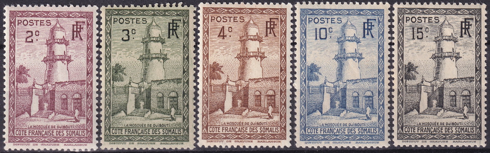 1938 French Somaliland Djibouti Mosque Definitive Set Scott FRSO146 FRSO147 FRSO150 FRSO151 FRSO245: This complete group of French Somaliland definitive stamps issued between 1938 and 1940 and identified as Scott FRSO146 FRSO147 FRSO150 FRSO151 and FRSO245 represents one of the most architecturally s