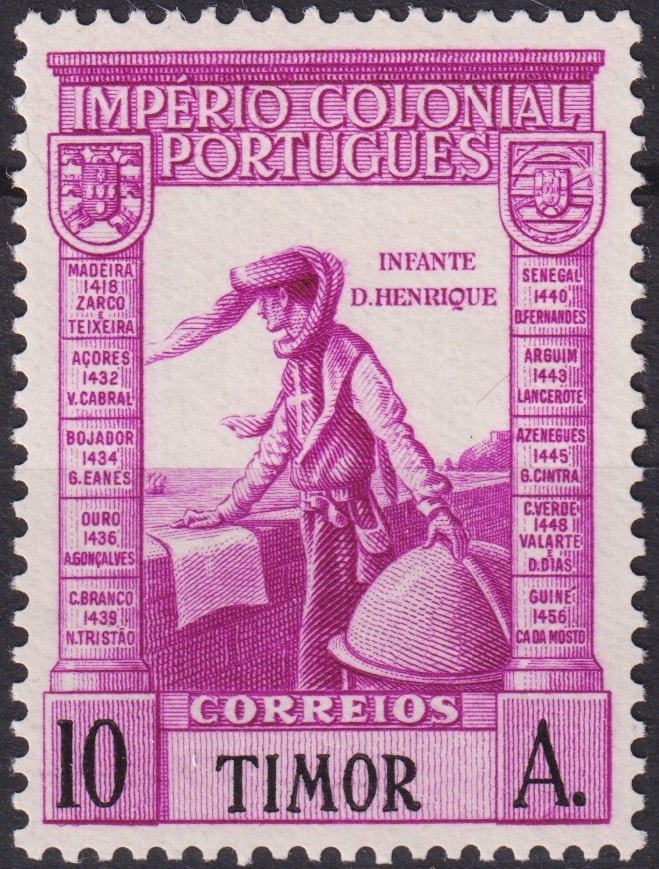 Portuguese Timor 1938 Colonial Empire Dom Henrique Navigator 10 Avos Scott TL230: Issued in 1938 as part of the Portuguese Colonial Empire series, this stamp from Timor depicts Infante Dom Henrique, known as Henry the Navigator, a central figure of the Age of Discovery. Printed by 