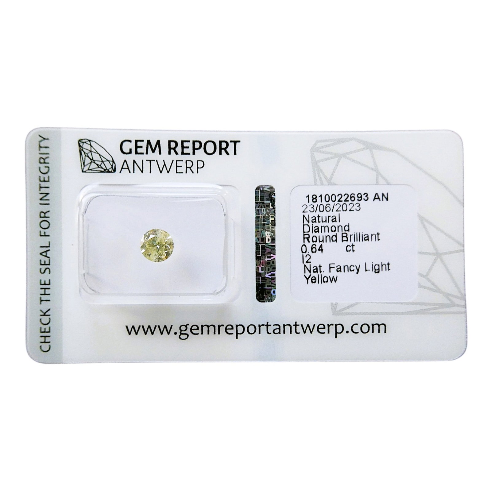 Natural Diamond Fancy Light Yellow 0.64 ct Round Brilliant I2 Antwerp Certified: This certified natural diamond is a 2023 Antwerp examined stone displaying the desirable Fancy Light Yellow hue that belongs to the rare category of naturally colored diamonds highly valued for their 