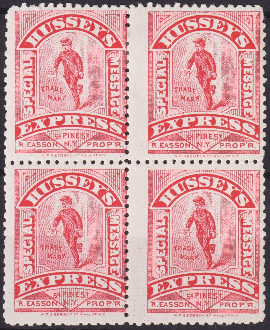 1880 USA Hussey’s Local Post, Express Label, Scott 87L75, Block of Four: Issued in New York around 1880, this striking red block of four represents the private local post label produced by Hussey’s Special Message Post under the proprietorship of R. Easson. Printed by th