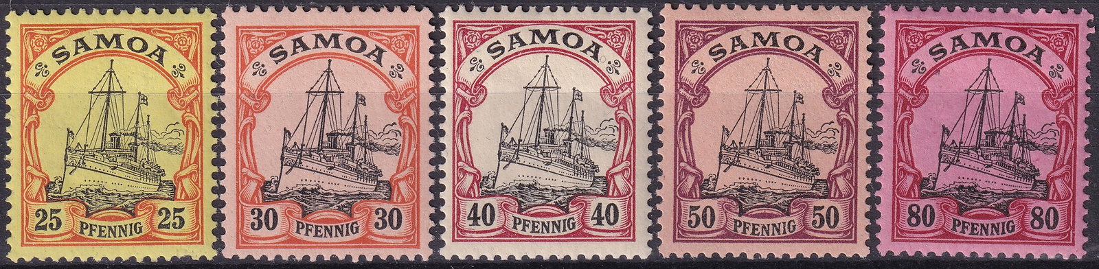 1900 Samoa German Administration Yacht Set Scott WS 61 62 63 64 65: This attractive and historically significant complete set of five definitive postage stamps was issued for Samoa under German administration in December 1900 and belongs to the celebrated Yacht Hohenz