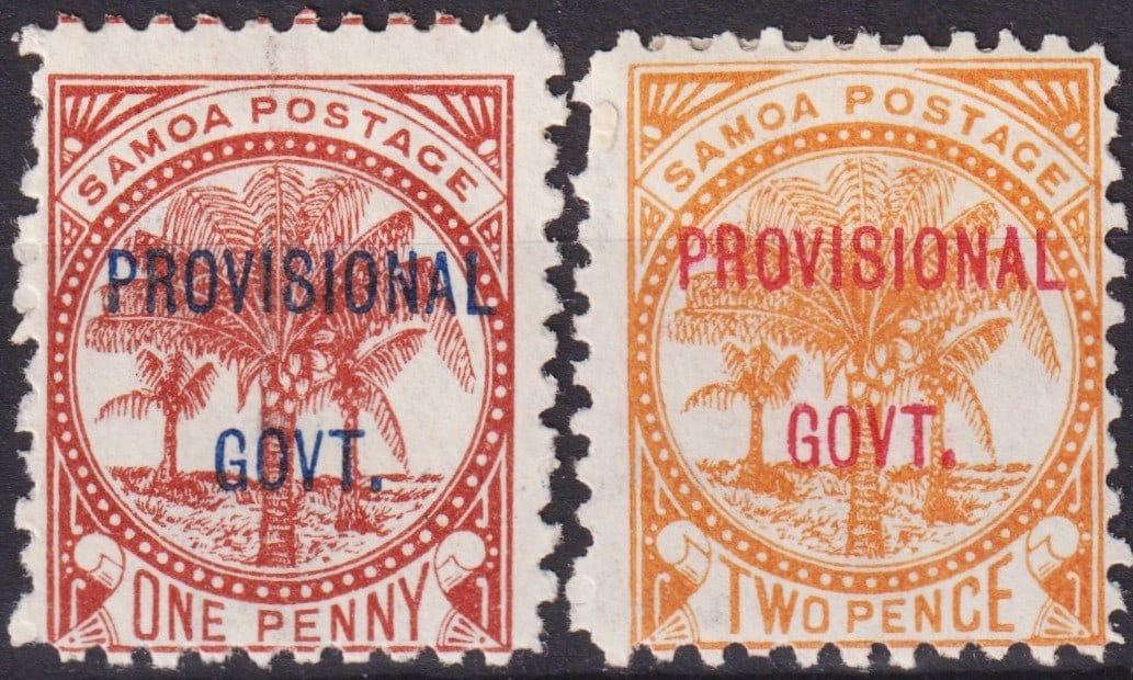 British Samoa 1899 Provisional Government Overprints Scott #32–33 MH Pair: Issued on 20 September 1899 during the turbulent final months of the Samoan Kingdom, these definitive issues of 1 penny red-brown and 2 pence orange (Scott #32–33, Michel WS 28–29, Yvert et Tellie