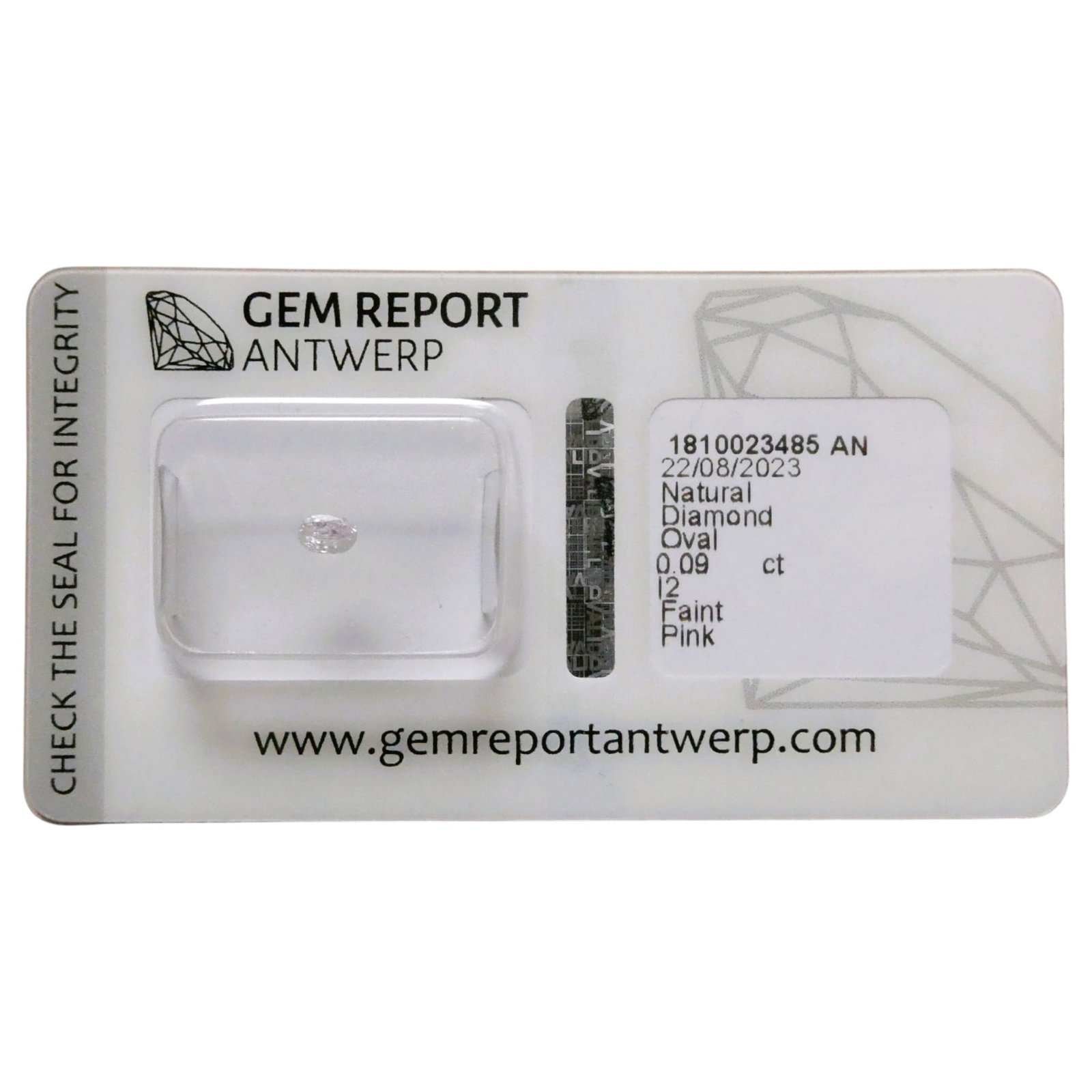 2023 Natural Diamond Oval 0.09 ct Gem Report Antwerp Certified: This natural diamond is accompanied by an official Gem Report Antwerp gemological certificate dated 22 August 2023 and documented under report number 1810023485 AN, confirming its authenticity and gra