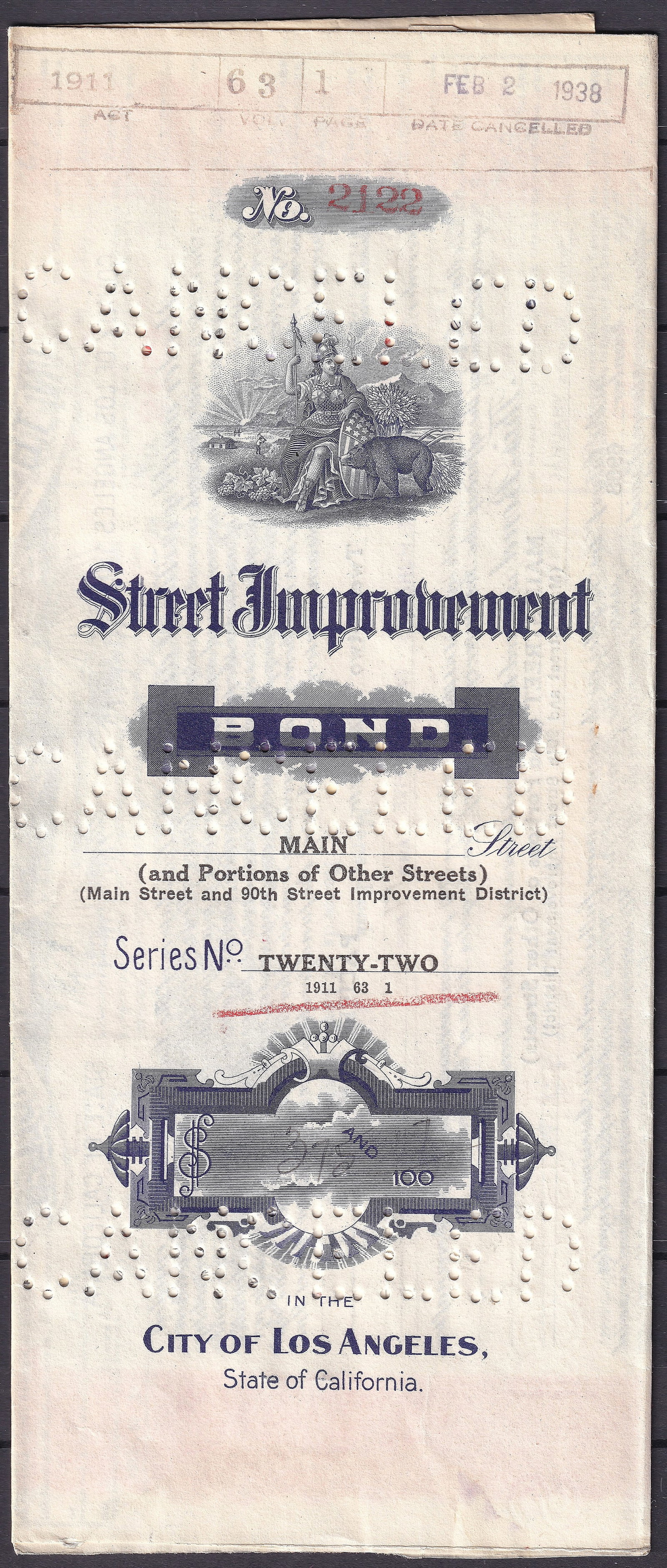 1911 City of Los Angeles Street Improvement Bond Series 22 Cancelled: Historic municipal improvement bond issued by the City of Los Angeles, State of California, under the Main Street and 90th Street Improvement District program. This attractive early twentieth-century 