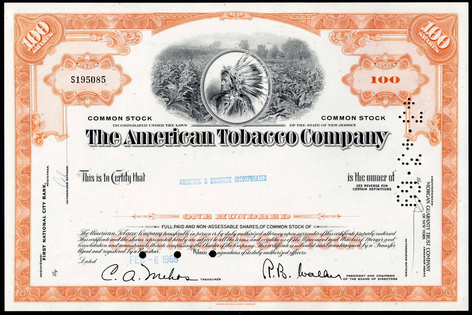1969 American Tobacco Company 100 Shares Stock Certificate VF: Historic stock certificate issued by The American Tobacco Company, incorporated under the laws of the State of New Jersey and representing 100 shares of common stock. This attractive late twentieth-ce