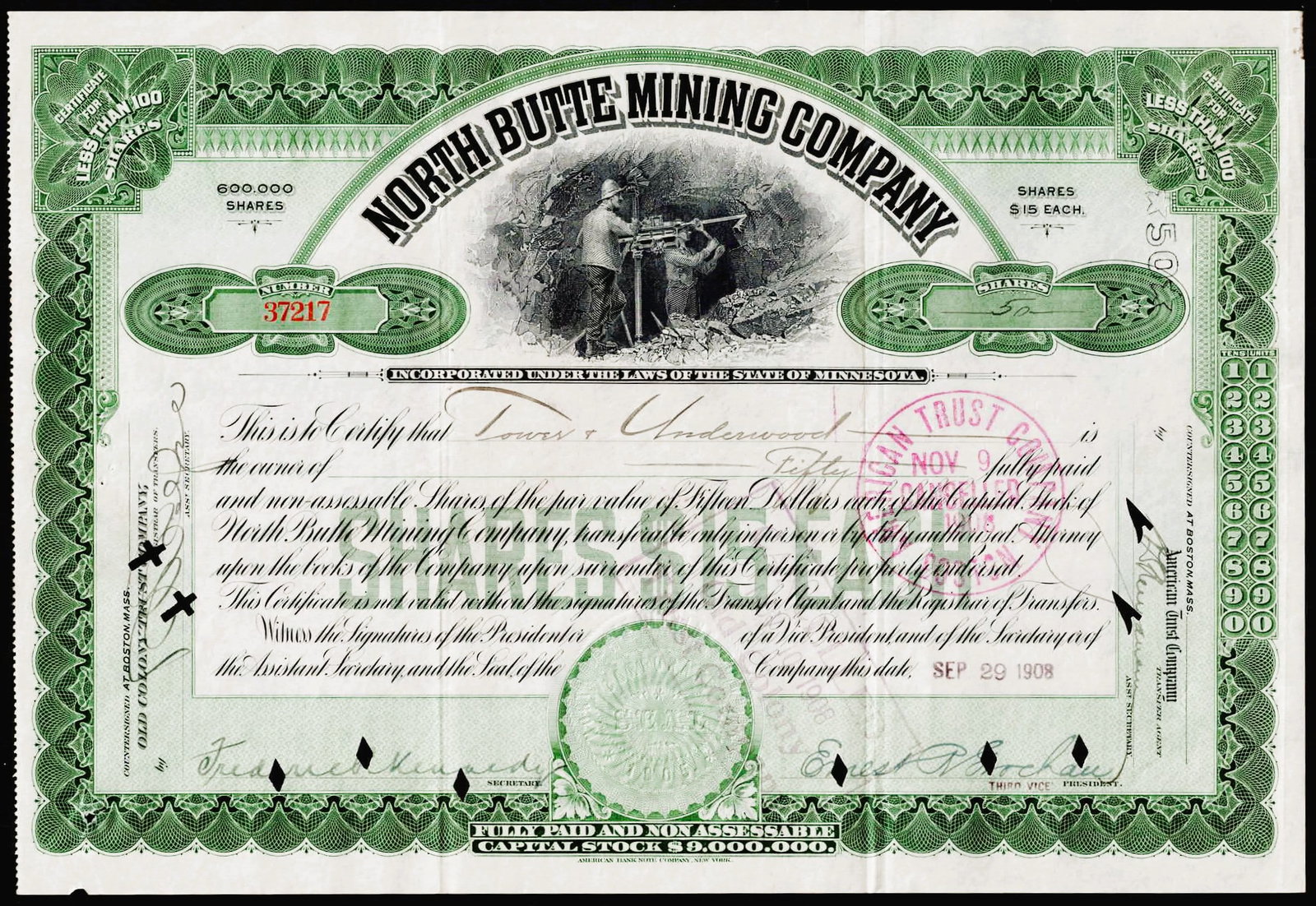 1908 North Butte Mining Company 50 Shares Stock Certificate VF (1 of 2)