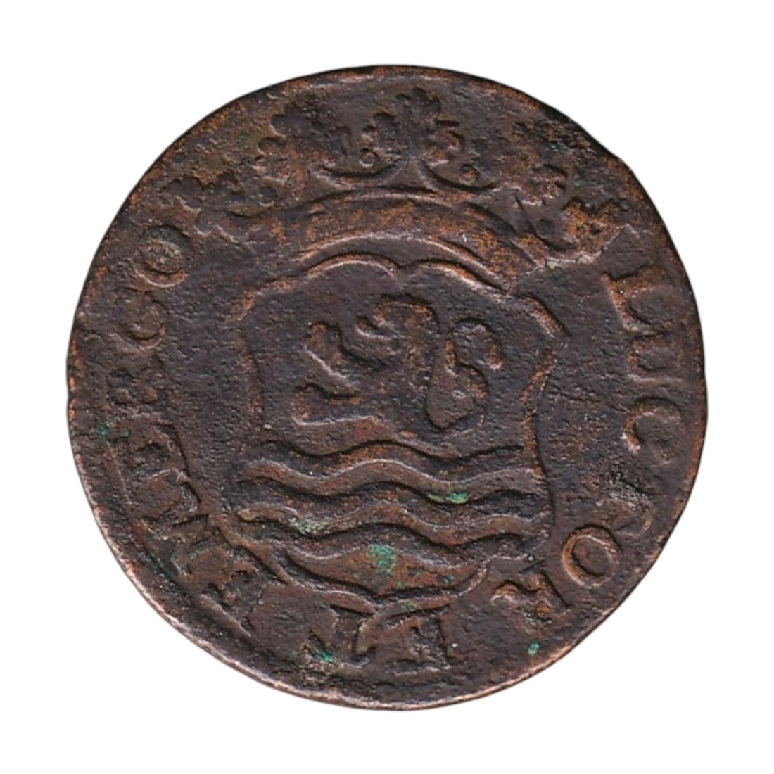 1757 Zeeland 1 Duit VOC Dutch Republic Copper Coin: Struck in 1757 for the Dutch province of Zeeland, this copper 1 Duit coin represents a classic circulation issue of the Dutch Republic during the height of its maritime and colonial influence. Minted 