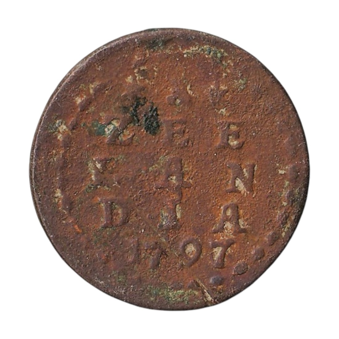 1797 Zeeland 1 Duit KM105 Dutch Republic Copper Coin: Issued by the Province of Zeeland in 1797, this copper 1 Duit coin belongs to the final decades of the Republic of the United Netherlands before the Napoleonic transformation of the Dutch state. Minte