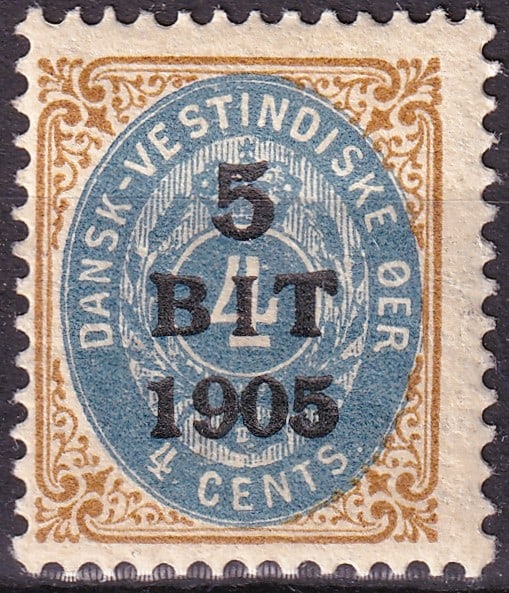 1905 Danish West Indies 5 Bit on 4 Cents Overprint SG48 Rare (1 of 2)