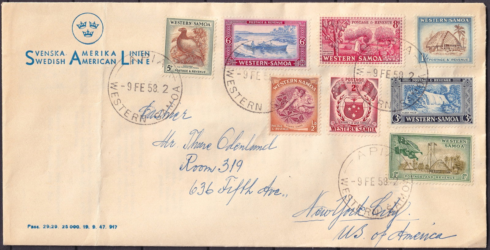1958 Western Samoa Cover Scott 203-210 Complete Definitives Usage: An outstanding and scarce commercial cover from Western Samoa, cancelled February 9 1958, bearing a near complete set of the 1952 Definitives issue including Scott 203 through 210 on a single properly