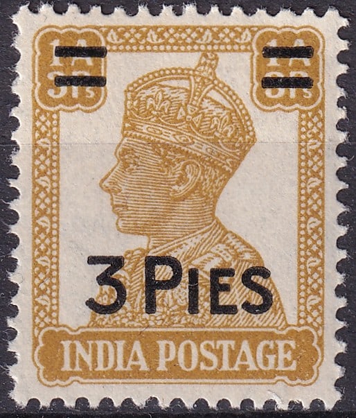 1946 India 3 Pies on 3 Pies Overprint SG282 George VI (1 of 2)
