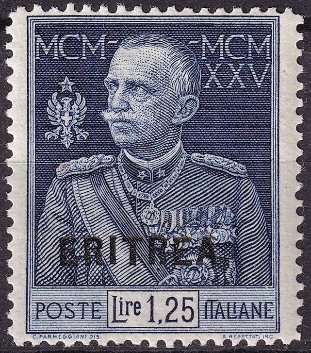 1926 Eritrea Italian Colony Scott 93 Victor Emmanuel III Jubilee 1.25L MNH: Issued in 1926 for the Italian colony of Eritrea, this commemorative stamp celebrates the Silver Jubilee of King Victor Emmanuel III, marking twenty five years of his reign over the Kingdom of Italy. 