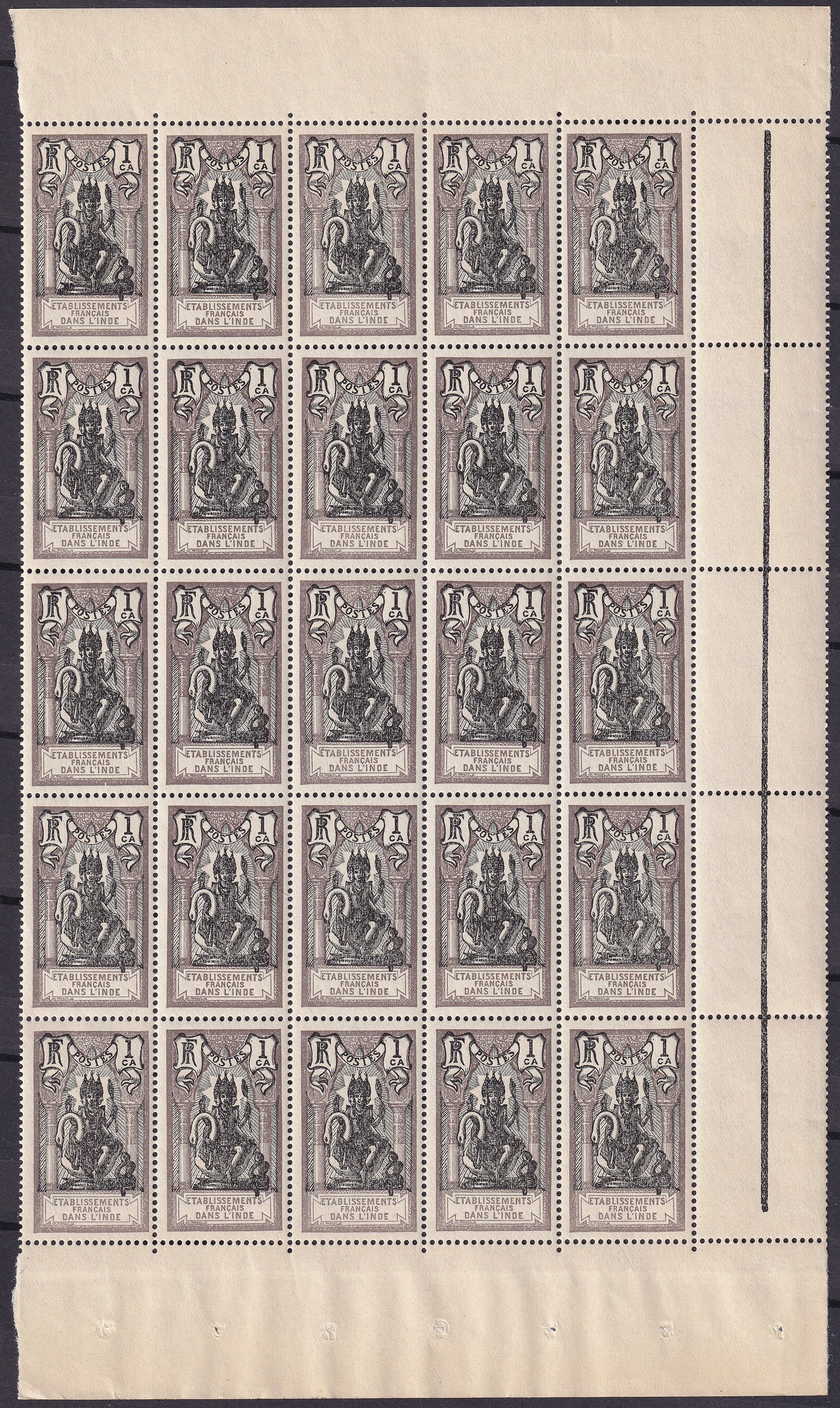 French India 1c 1906 Scott 25 MNH block Brahma: A mint never hinged block of the 1 centime definitive issue of 1906 from French India, catalogued as Scott 25 and corresponding to the early twentieth century colonial series inscribed Etablissements 
