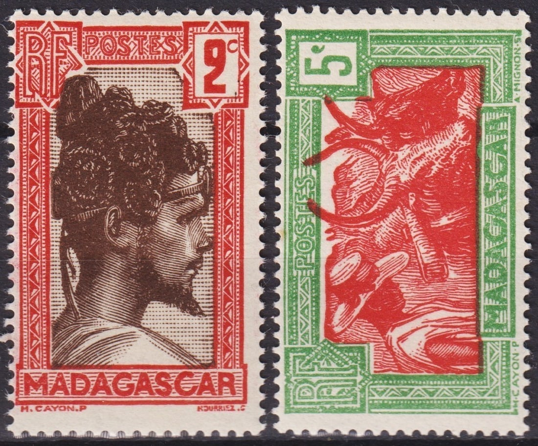 Madagascar 1930-38 General Issue, Scott MG 148 & MG 150: These striking colonial issues from Madagascar, released on December 8, 1930, belong to the General Issue series and exemplify the rich iconography of French overseas territories. The 2 centime stamp 