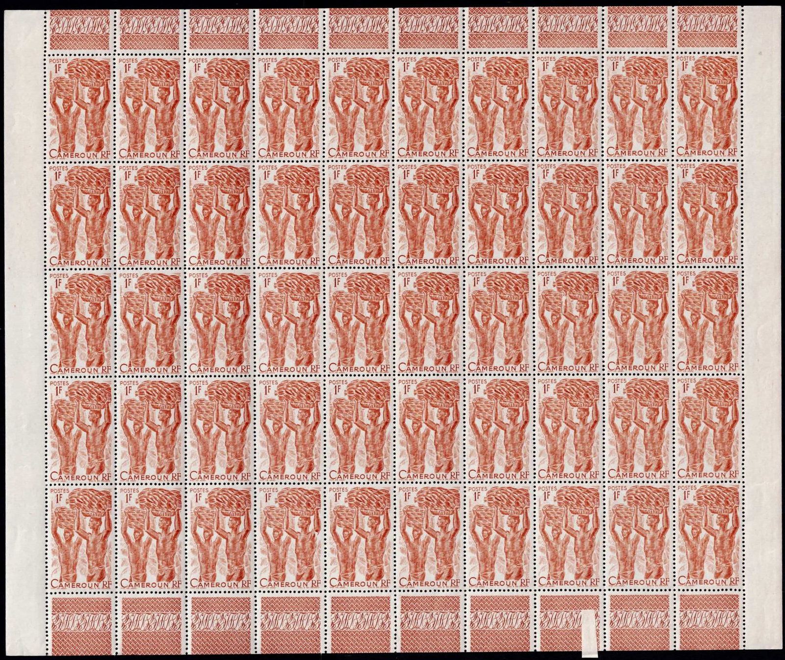 French colonial Cameroon 1946 Cameroun RF 1F Michel 276 Full Sheet MNH: A complete mint never hinged full sheet of the 1946 1 Franc definitive from Cameroun RF, catalogued Michel 276, Scott CM 310, Yvert 282 and Stanley Gibbons 238, issued under French Mandate administrat