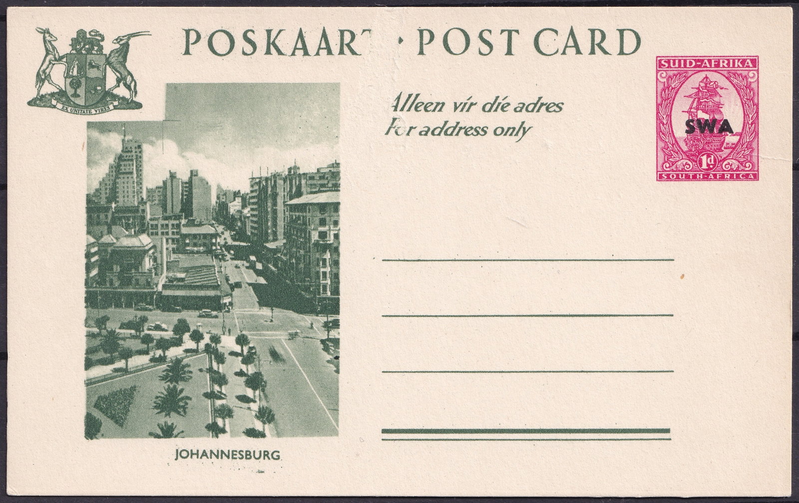 British colonial South West Africa 1d SWA Overprint Post Card Johannesburg Unused: An unused illustrated postal stationery card bearing a 1d South Africa indicium overprinted SWA for use in South West Africa. The card is inscribed POSKAART POST CARD and Alleen vir die adres For addr