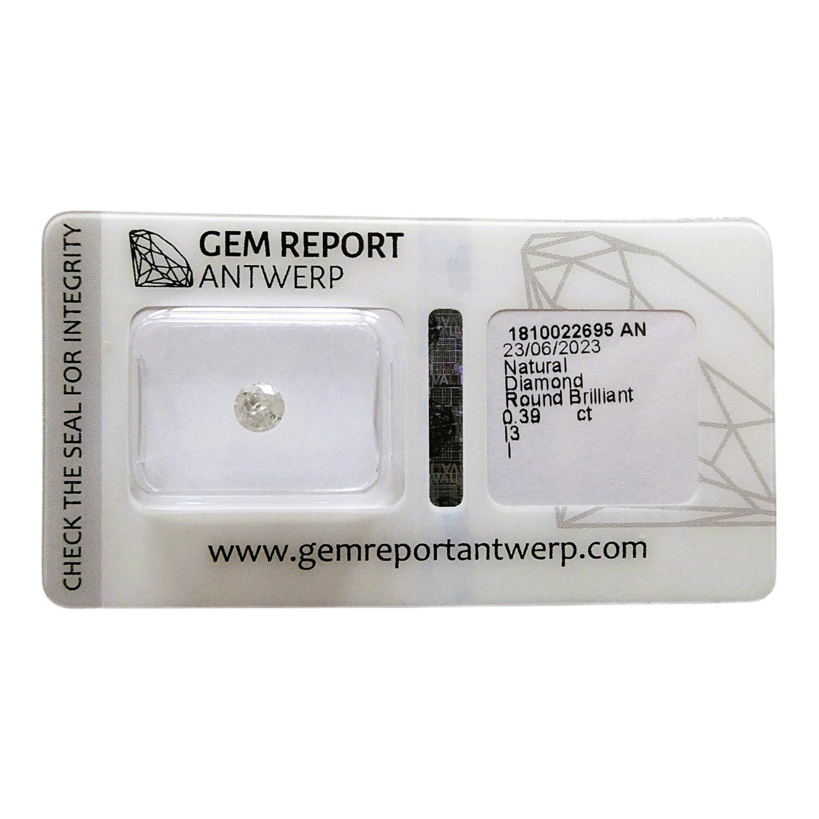 Gem Report Antwerp Natural Diamond, Round Brilliant, 0.39 ct, I Color, I3 Clarity: Certified by Gem Report Antwerp on 23 June 2023, this natural diamond features a classic round brilliant cut with a carat weight of 0.39 ct and dimensions measuring 4.62 x 4.67 x 2.87 mm. The stone is