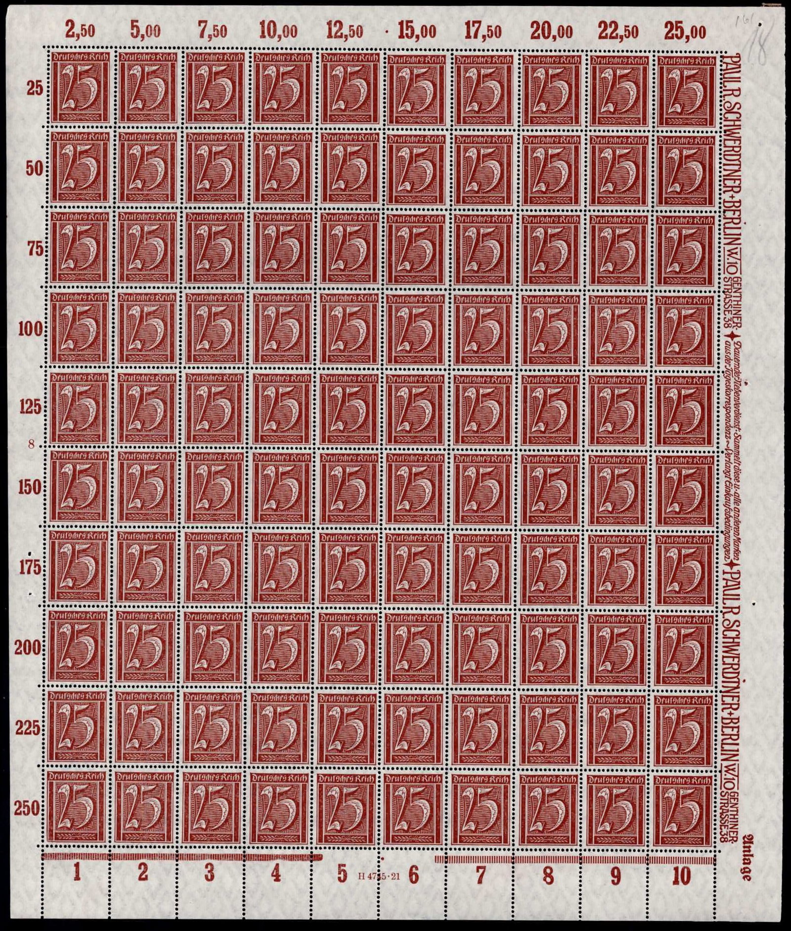 Post War 1922 German Reich Definitive Numerals Scott DE 164 Full Sheet MNH: This complete mint never hinged full sheet represents the German Reich definitive numeral issue of the early Weimar period, issued in March 1922 during the monetary instability preceding the peak of h