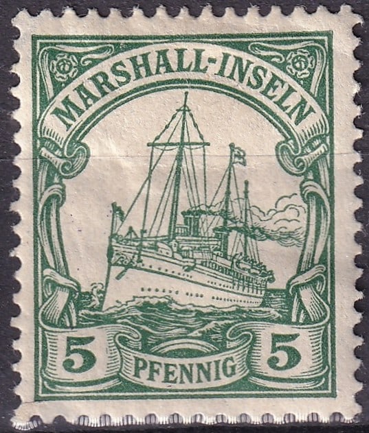 1901 Marshall Islands SG G12 5Pf Yacht Unwatermarked: 1901 Marshall Islands 5 Pfennig Yacht issue Stanley Gibbons G12 Michel DR-MARS 14 from the first unwatermarked Imperial Yacht series inscribed MARSHALL-INSELN. Issued in January 1901 for use under Ger