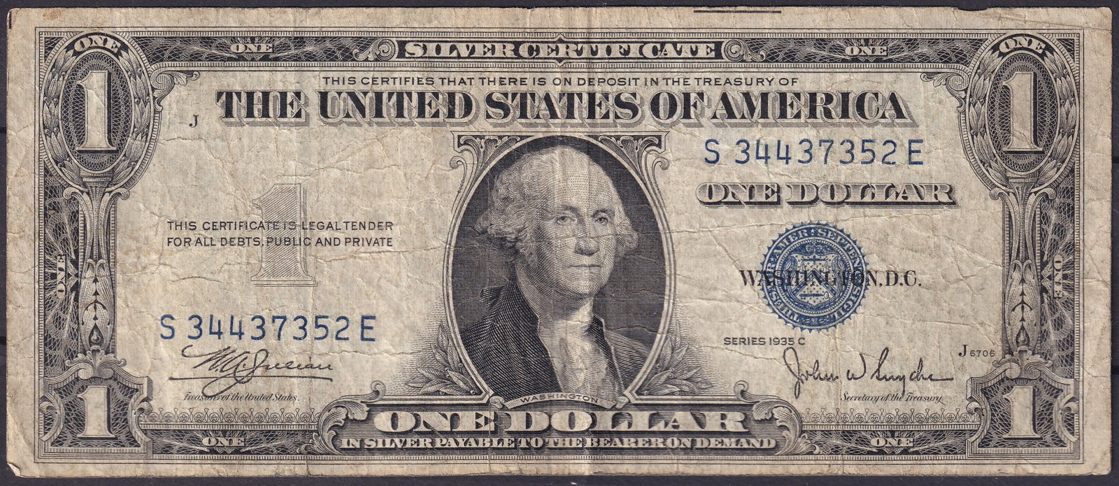 USA 1935-C Silver Certificate 1 Blue Seal, Series Washington (S34437352E): Issued in Washington, D.C. under the authority of the U.S. Treasury, this 1 Silver Certificate from Series 1935-C, serial number S34437352E, stands as a hallmark of America’s mid-20th-century curren