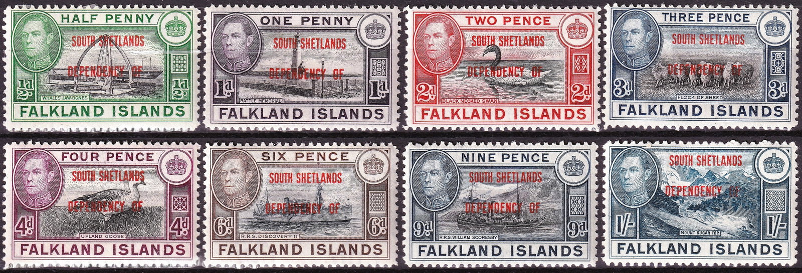 1944 Falkland Islands Dependencies South Shetlands Scott 1L1-1L8: A complete and highly desirable set of the 1944 Falkland Islands Dependencies South Shetlands overprints, Scott 1L1 through 1L8, issued during the British wartime Antarctic territorial administration.