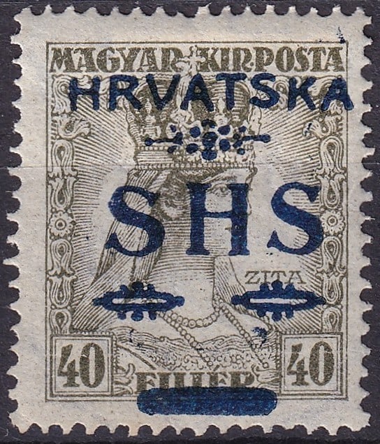 1918 Croatia SHS Overprint 40f Regional Issue Scott 2L27: This lot comprises an original 1918 regional issue for Croatia within the Kingdom of Serbs Croats and Slovenes bearing the distinctive SHS overprint applied during the immediate post Austro Hungarian 
