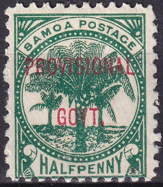 1899 Samoa Provisional Govt Halfpenny Palm Tree Scott 67 MH: A historically significant provisional overprint issue from British Samoa, featuring the classic palm tree design of the Samoa Postage definitive series surcharged with the red overprint “PROVISIONA