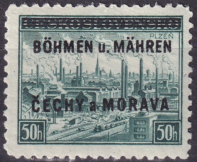 1939 Bohemia and Moravia German Occupation 50h Scott 7 MNH: This stamp originates from the Protectorate of Bohemia and Moravia under German occupation during the Second World War and was issued on 15 July 1939 as part of the first definitive series created spe