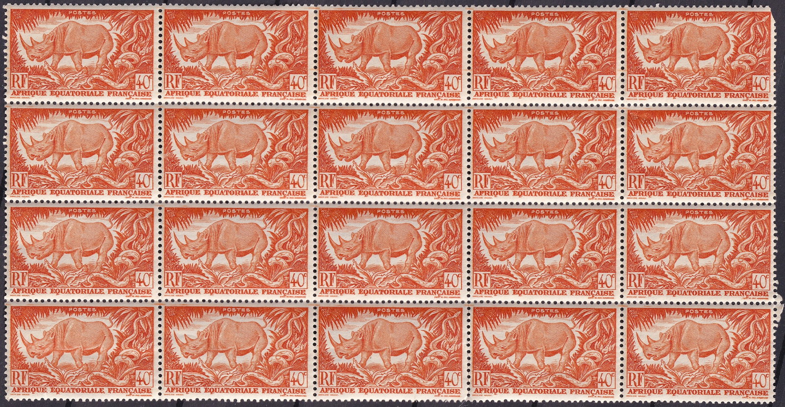 French Equatorial Africa 40c 1937 Scott 168 MNH Block: A mint never hinged multiple of the 40 centimes definitive issue of 1937 from French Equatorial Africa, catalogued as Scott 168, printed in reddish orange by recess printing on wove paper and perforat