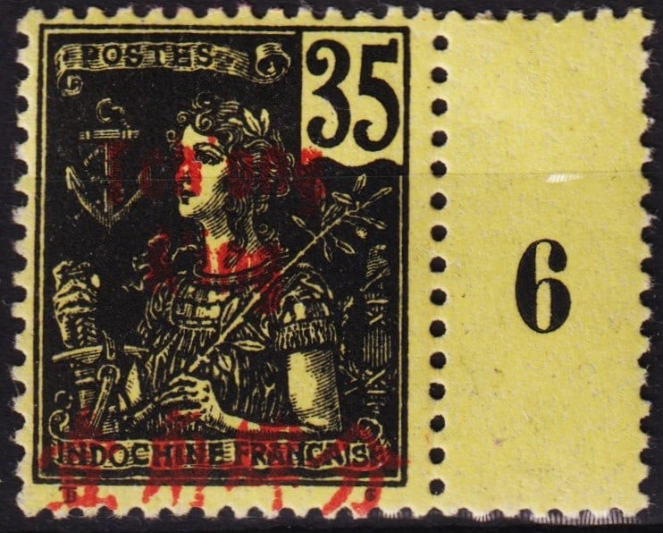 1906 French PO Tchongking, OVP ?Tchong K'ing? 35c, Scott TCH 26 MNH: This 35 centimes black stamp was issued in 1906 by the French Post Office in Tchongking and features the Type Grasset design with a red overprint reading ?Tchong K'ing? and its equivalent in Chinese. 