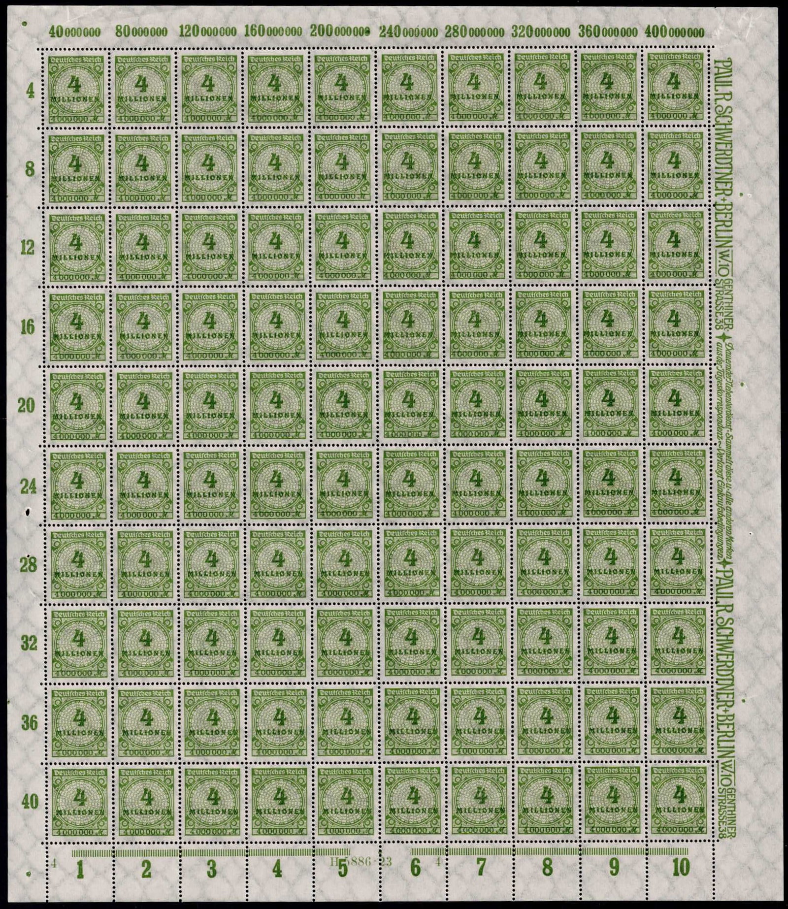 Post War German Reich 1923 Inflation 4 Million Mark Sheet Scott DE 284 Michel DR 316AW: This complete mint never hinged full sheet represents the 4,000,000 Mark denomination issued by the German Reich on 20 October 1923 during the peak phase of the Weimar hyperinflation. Catalogued as Sc
