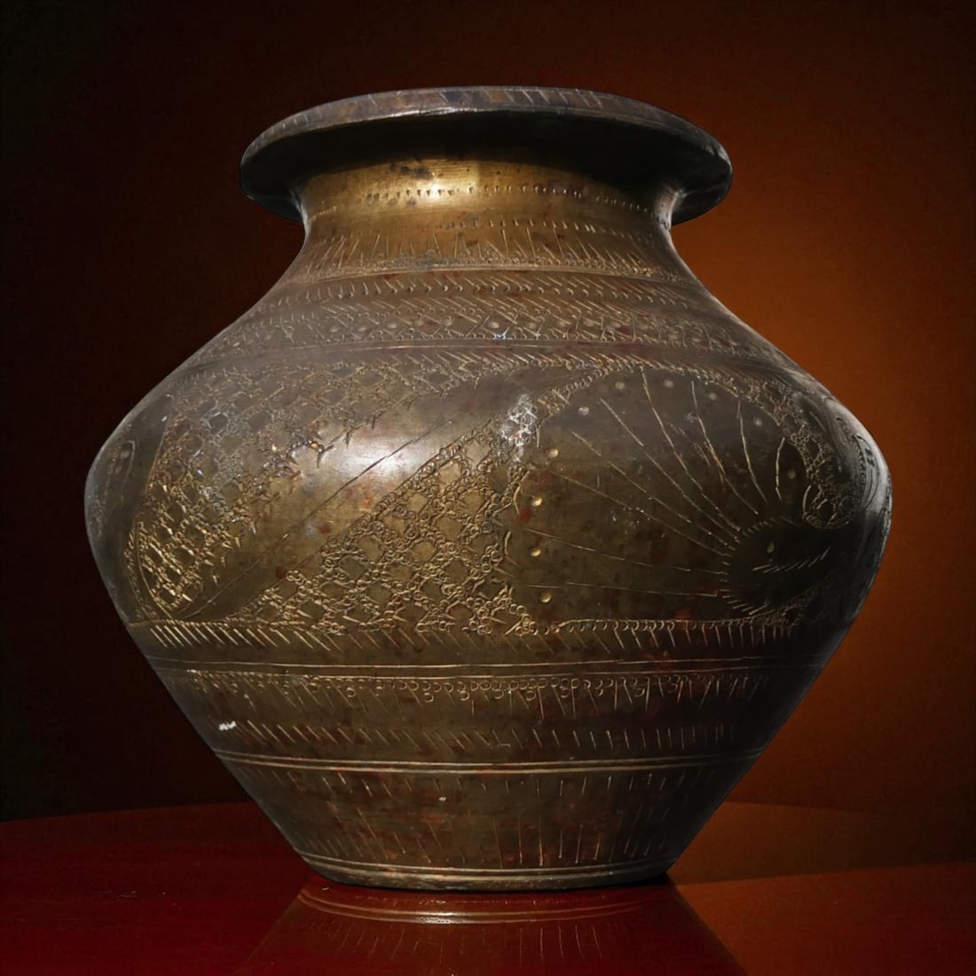 19th Century Engraved Brass Water Pot from Southern China: This finely crafted 19th-century engraved brass water vessel exemplifies the utilitarian elegance and decorative artistry associated with Southern Chinese domestic metalwork during the late Qing Dynas