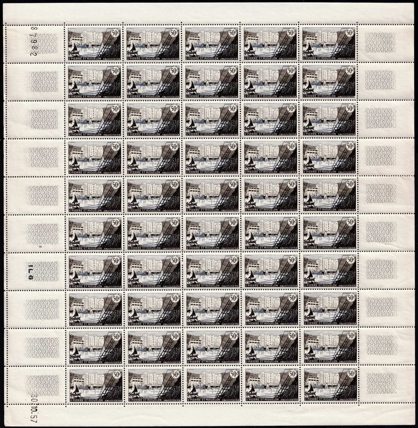 Saint Pierre and Miquelon 1956 Scott PM347 50c Cold Storage MNH Sheet: A complete mint never hinged sheet of the 1956 definitive issue of Saint Pierre and Miquelon, Scott PM347, corresponding to Michel PM 376, Yvert et Tellier PM 349 and Stanley Gibbons PM 401. Issued 22
