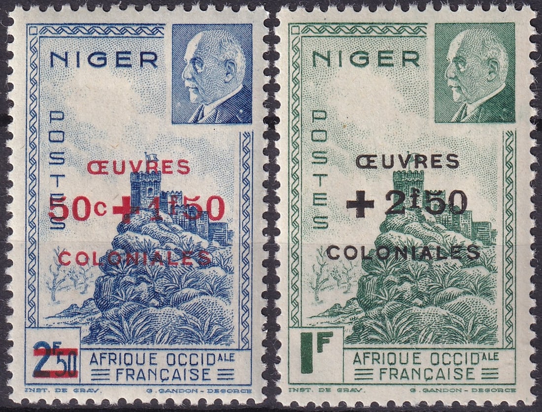 1944 Niger French West Africa Semi Postal Surcharged Pair Scott NE B13A B13B: This desirable 1944 semi postal surcharged pair from Niger represents one of the most historically significant colonial issues of French West Africa, produced under the Vichy administration in France 