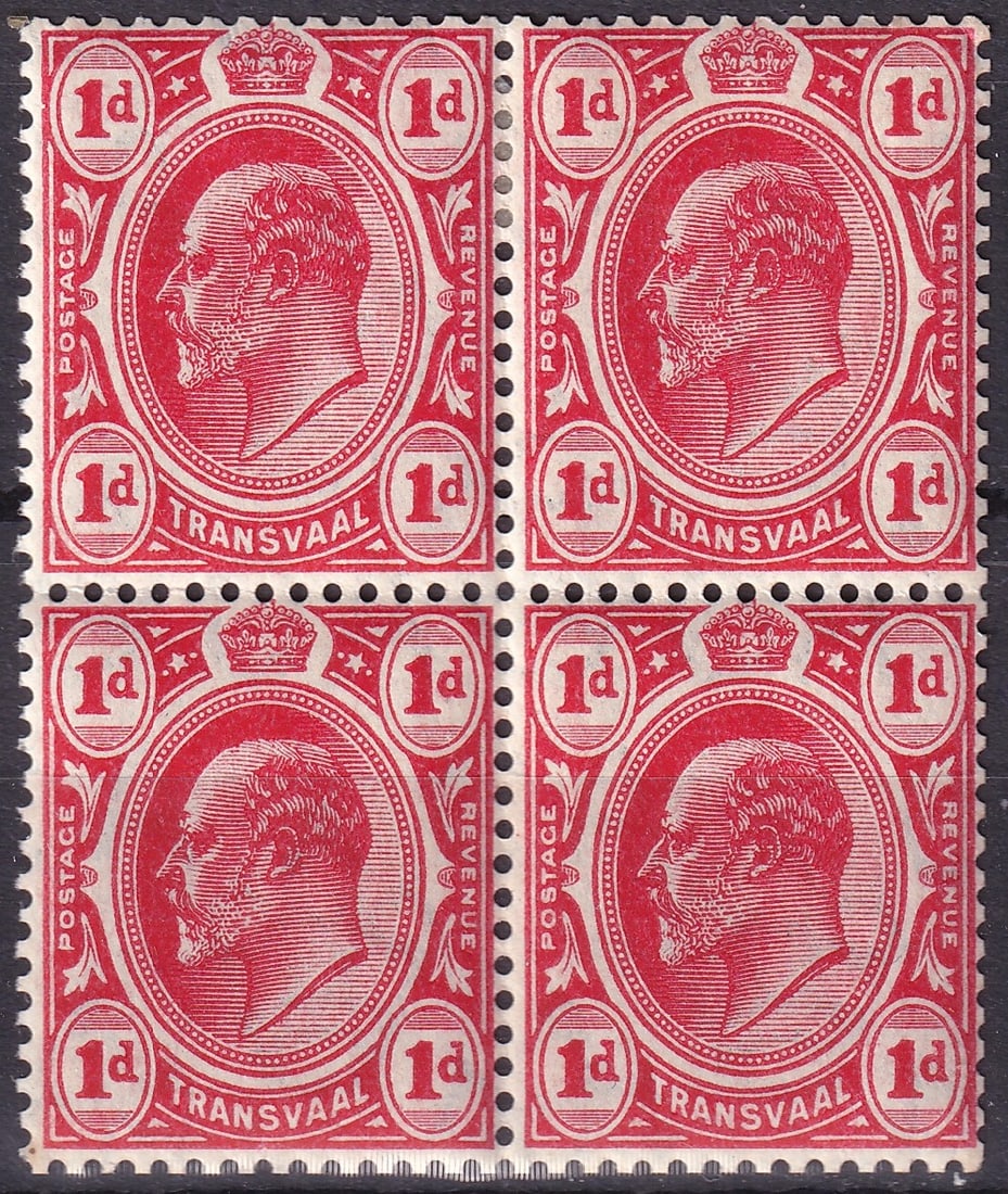 1908 Transvaal King Edward VII 1d Block SG ZA-TV 274aw: This lot presents an original 1908 Transvaal definitive postage and revenue issue depicting King Edward VII, offered here as a complete mint never hinged block of four in the 1 penny denomination. Iss
