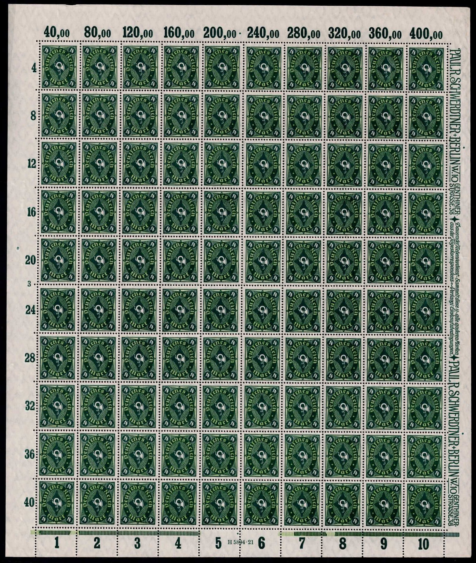 Post War German Reich 1922 Posthorn 4 Mark Scott DE 179 Michel DR 193 Sheet: This complete mint never hinged full sheet of the 4 Mark denomination was issued in January 1922 by the German Reich as part of the long-running Definitives series depicting numerals workers and posth