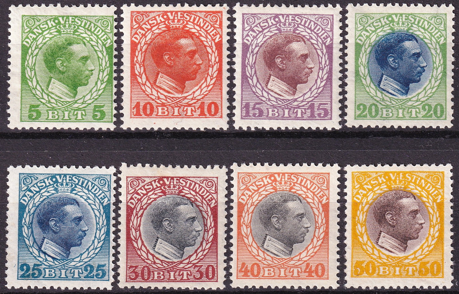 1915 Danish West Indies Christian X Complete Set Scott 51-58: A complete and highly attractive set from the Danish West Indies, issued 1915–1916 under King Christian X, comprising Scott 51 through 58 and representing the full definitive series from 5 bit to 50