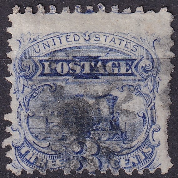 1869 USA 3c Locomotive ultramarine, G Grill, Scott 114: This classic 3 cent stamp from the United States, issued on March 27, 1869, features the iconic Baldwin 4-4-0 steam locomotive, representing the industrial optimism of the post-Civil War era. Printed 