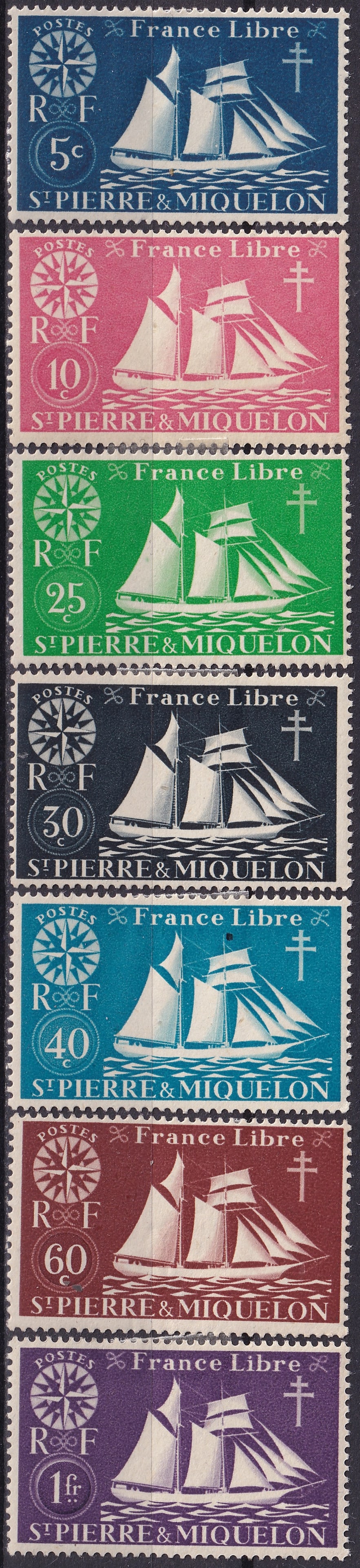 1942 St Pierre Miquelon Free France Ships Scott PM 300 306: This complete vertical strip from Saint Pierre and Miquelon was issued on 17 August 1942 as part of the celebrated Free France London Series during the Second World War and represents one of the most 